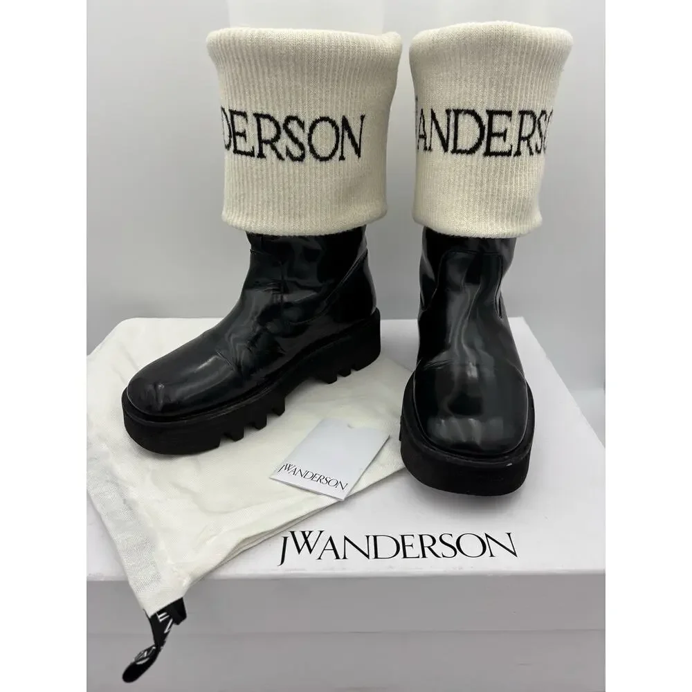 JW Anderson Logo Fisherman Boots Black Patent Leather White Sock Size 39 / 9